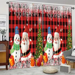 Merry Christmas Snowman Pattern Curtain, 2 Counts/set Semi Blackout Curtain, Window Curtain for Home Living Room Bedroom Kitchen Office Decor