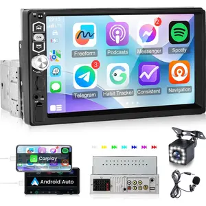 RIMOODY 1 DIN Car Radio, 7 in HD Touchscreen with Carplay Compatible, Android Auto, Mirror Link, EQ, Bluetooth Connectivity, FM Radio, SWC, AUX, USB + Rear View Camera, Car Video Player, Car Monitor
