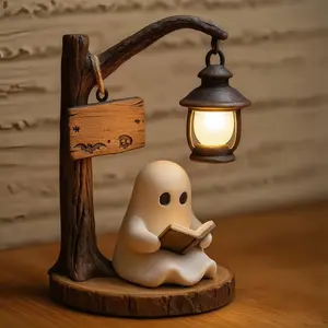 Halloween Warm Light Night Light, Cute Ghost Reading Lantern, 3D Resin Ghost Reading Book Lamp, Glowing Figurine Lamps Decor, Halloween Home Decoration, Creative Ghosts Gifts for Halloween