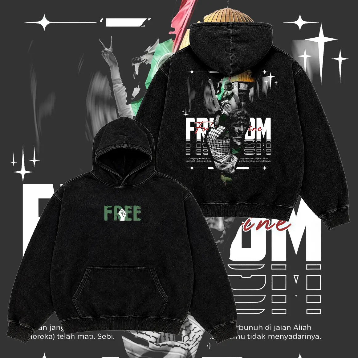 Free Palestine Menswear Vintage Washed Pullover Hoodie, Front and Back Palestinian Freedom Graphic, Gaza Solidarity Casual Streetwear