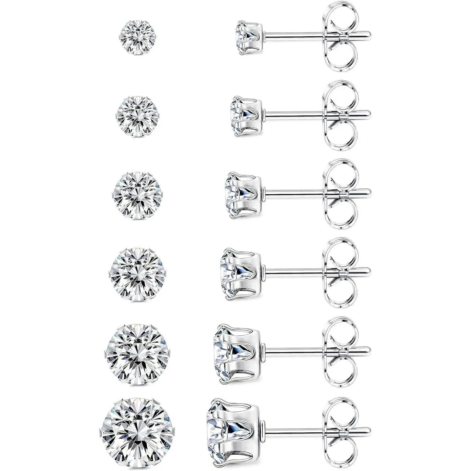 Jstyle 6-Pair Titanium Cubic Zirconia Stud Earrings for Women, Men’s Earrings, Hypoallergenic Set for Sensitive Ears (3-8mm), Stud Earrings Jewelry, 3Mm