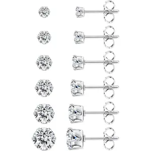 Jstyle 6 Pairs Titanium Stud Earrings for Women Men Cubic Zirconia Hypoallergenic Stud Earrings Set for Sensitive Ears 3-8mm