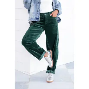 Risen High Rise Green Cuffed Corduroy Barrel Pants