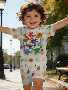Dinosaur Park Set: 8 Q-version dinosaurs + colorful footprint all-over print T-shirt digital printing infant short-sleeve set. Baby casual children's clothing, suitable for daily and outdoor activities. T-shirt is 100% polyester Outfit.
