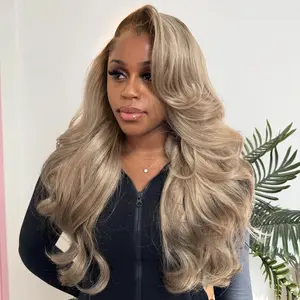 180 Density Ombre Brown and Milk Tea Colored  13x6 Lace Frontal Human Hair Wigs Body Wave Ash Blonde Colored with Dark Brown Roots Pre Plucked for Women