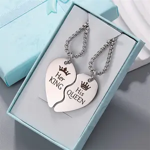 Stainless steel heart-shaped patchwork couple necklace electroplated carved king queen souvenir gift necklace