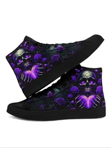 Women's Skull & Rose Print High Top Sneakers, Casual Comfortable Soft Bottom Skateboard Shoes, Fashionable Sneakers for Daily Wear