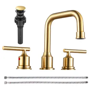 WOWOW Brushed Gold Modern Double Handle High Arc Widespread Bathroom Sink Faucet - 3-Hole Mount, Brass Construction, Faucet Aerator, Drain, Supply Hoses, Double Handle Faucet