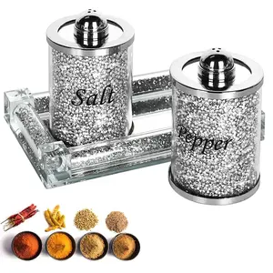 Crystal Salt and Pepper Shakers Set with Tray,Sparkly Crystal Crushed Diamond House Decor for Kitchen,Bling Salt Pepper Jar Container Pot for Countertop,saleros para cocina elegantes,Silver Korean Style