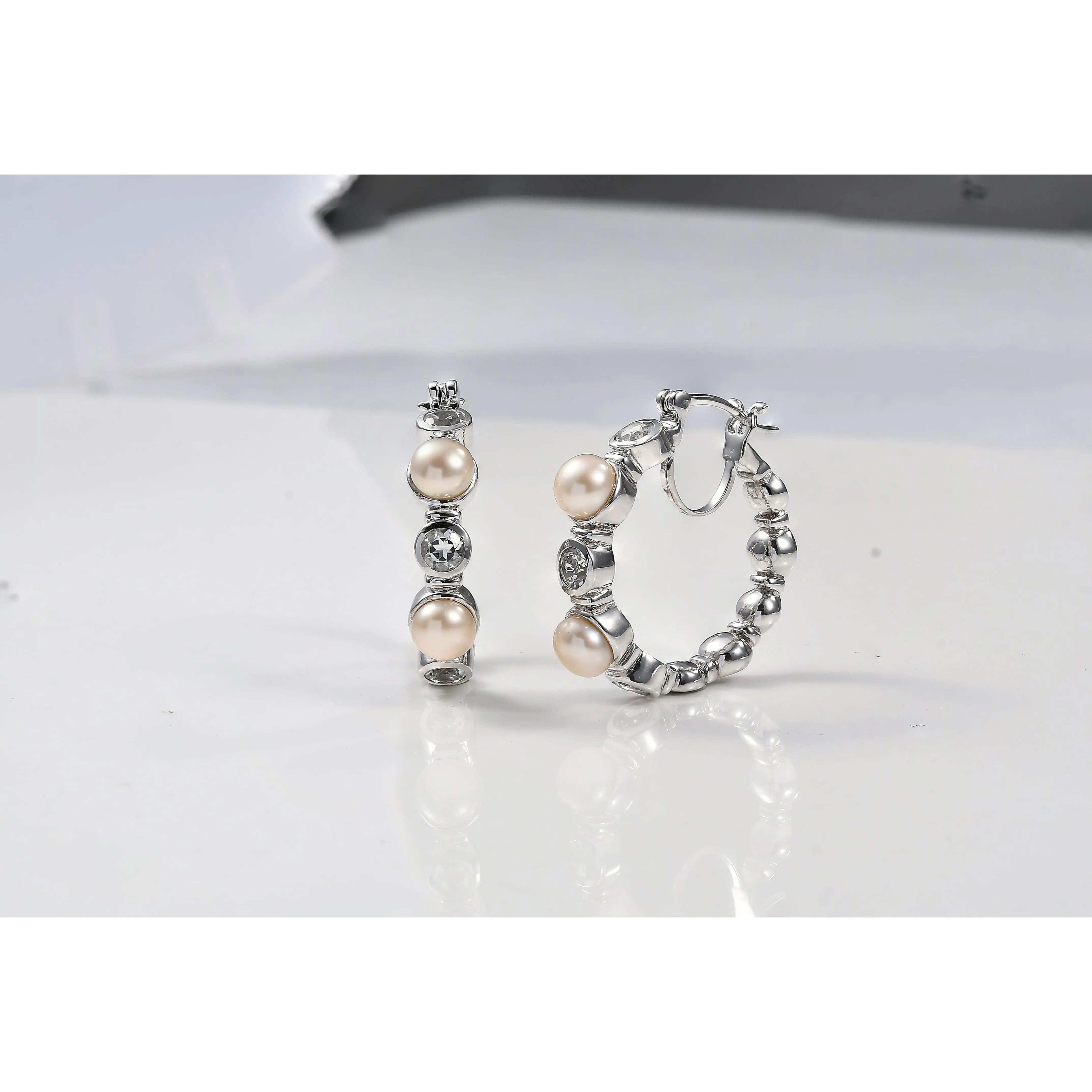 EverTrue Pink Freshwater Pearl and White Topaz 1.65 ctw Endless Pearl Harmony Earrings in Platinum Bond