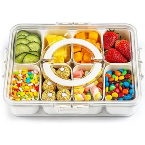 Plastic Divided Serving Tray with Lid and Handle Snack Box Charcuterie Container Portable Snack Platters Organizer for Candy, Fruits, Snacks, Nuts, for Party, Entertaining (White 8 compartments)