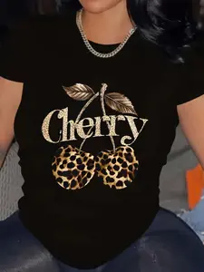 Cherry Graphic Tee - Cute Summer Shirt, Leopard Print Casual Top, Daily Vacation Essential,Personalized short-sleeved T-shirt, sports T-shirt, minimalist style, travel outfit.
