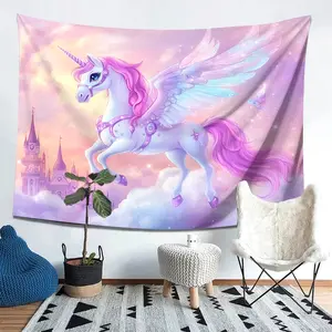 Dreamy Unicorn Castle Rug Set, Large Size Printed Carpet for Bedroom Office Living Room, Home Decor No Installation Needed, Tapestry Wall Hanging