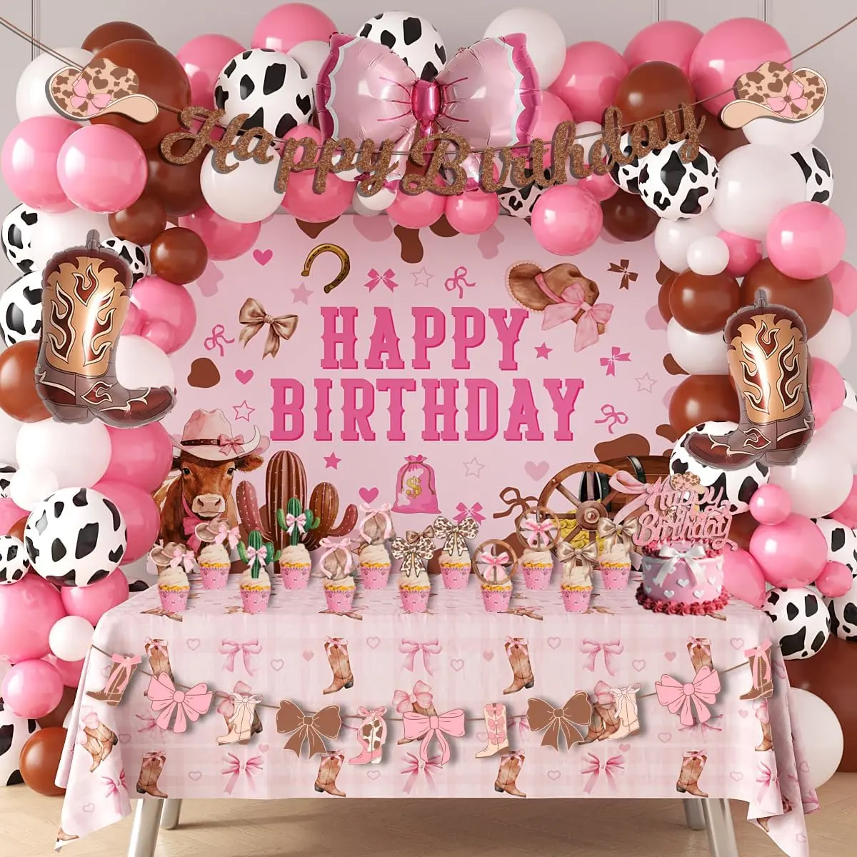 Pink Cowgirl Birthday Party Decoration Set with Cactus Accents, Balloon Arch Kit, Boot-Bow Backdrop, Tablecloth, Banner, Foil Balloons, Cupcake Toppers for Girls' B-Day (Festive Home Supplies)