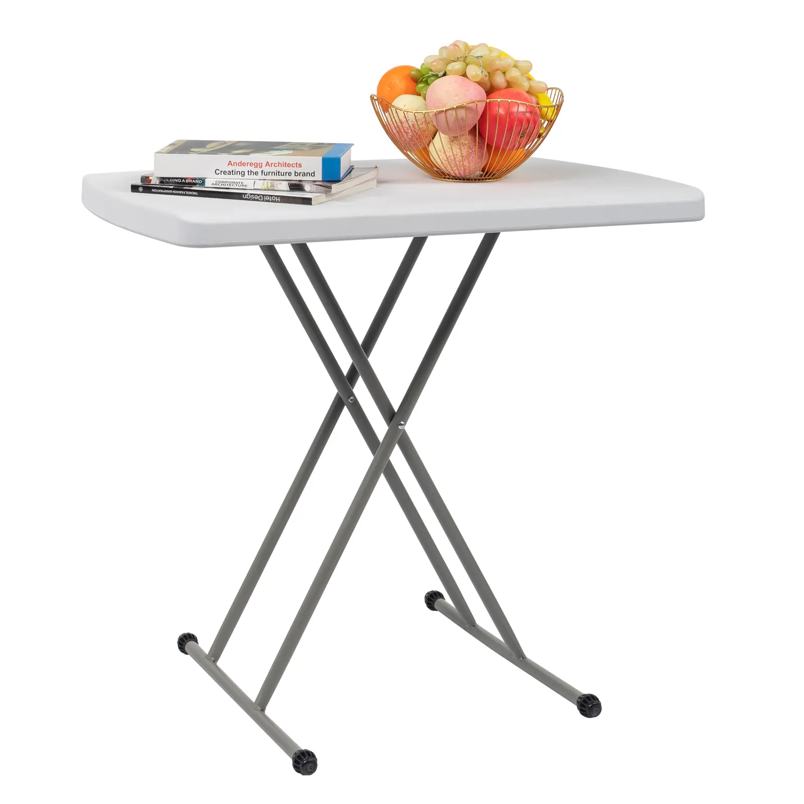 White Liftable Height Adjustable Plastic Folding Table With X-Shaped Anti-Rust Metal Frame, 30 Inch Waterproof Compact Foldable Desk, Multi-Scene Portable Side Table For Garden, Balcony, Indoor Laptop Working & Outdoor Picnic Use