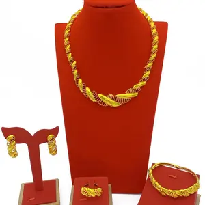 gold-plated Dubai Style Necklace Earring Ring Bracelet Set Women Bridal Jewelry Party Set