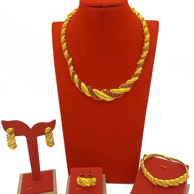 Gold-Plated Bridal Chain Set for Women, 4-Piece Dubai-Style Floral Jewelry with Water Wave Necklace, Bracelet, Ring & Earrings