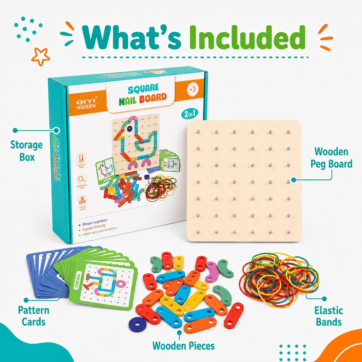 2-in-1 Wooden Peg Board Puzzle Toy for Kids Ages 3+ - Montessori Early Learning Toy with Pattern Challenge Cards, Rubber Band Geoboard, Colorful Wooden Pieces for Shape Recognition, Logic Skills Development