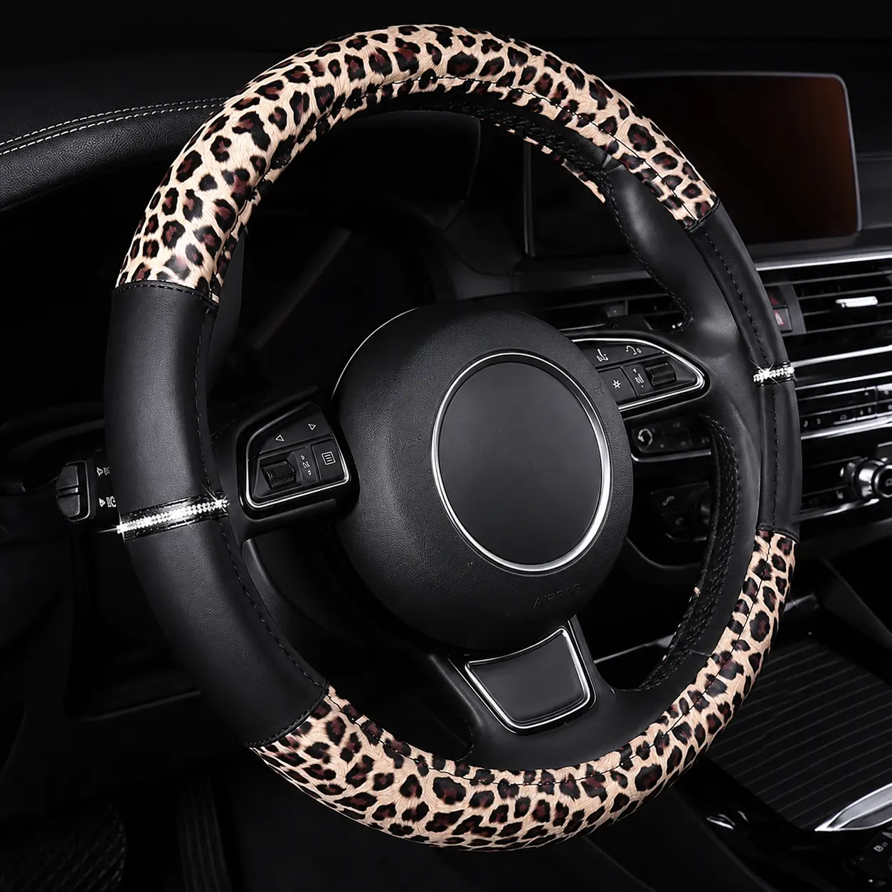 AUTOYOUTH Women's Leopard & Cheetah Print Bling Crystal Rhinestone Leather Steering Wheel Cover - Non-Slip, Breathable, Comfortable Grip, Reduced Hand Fatigue, Universal 14.5-15 in (Black & Yellow) - Girly Car Decor, Car Accessories, Steeringwheelcover, A
