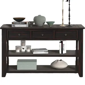 48'' Solid Pine Wood Top Console Table, Modern Entryway Sofa Side Table with 3 Storage Drawers and 2 Shelves. Easy to Assemble