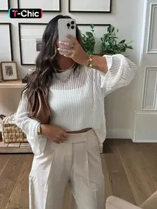 Women's Casual Solid Color Knit Top, Hollow Out Round Neck Long Sleeve Thin Pullover, Spring & Fall Fashion, Loose Fit, Knitwear