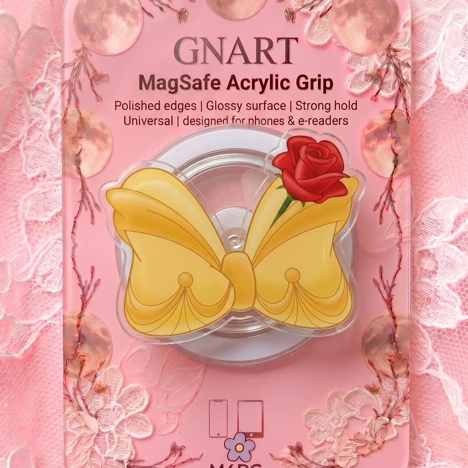 Yellow Princess Bow MagSafe Acrylic Phone Grip, Enchanted Red Rose Magnetic Phone Holder, Fairy Tale Tale Aesthetic Coquette Book Lover Phone Stand Ring