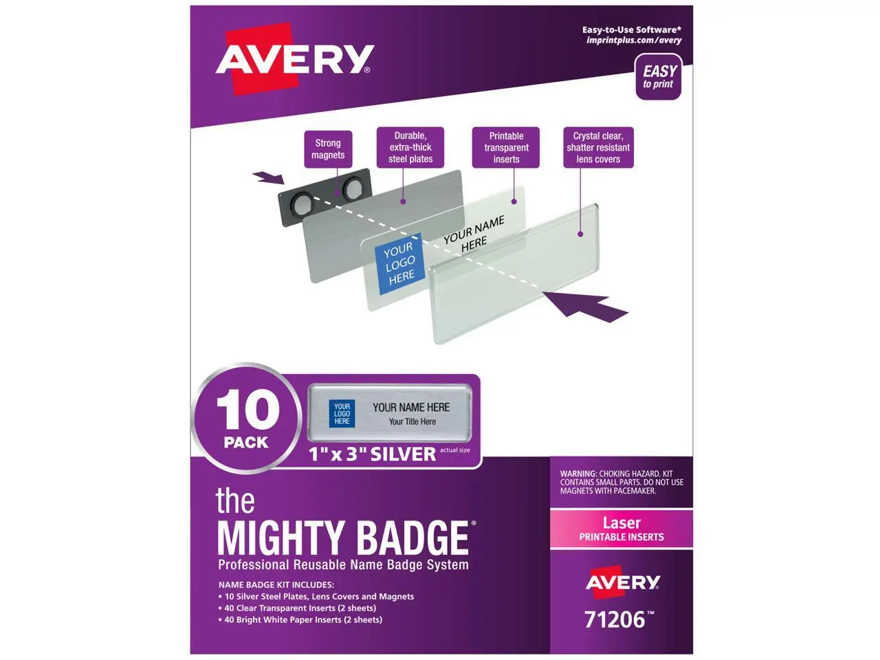 The Mighty Badge, 1x3 Silver, 10 Reusable Name Tags 80 Laser Inserts The Mighty Badge, 1x3 Silver, 10 Reusable Name Tags 80 Laser Inserts