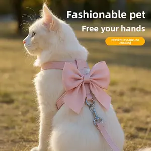 Cat leash to prevent escape, cat walking leash with shiny thread and large bow, I-shaped leash for cats