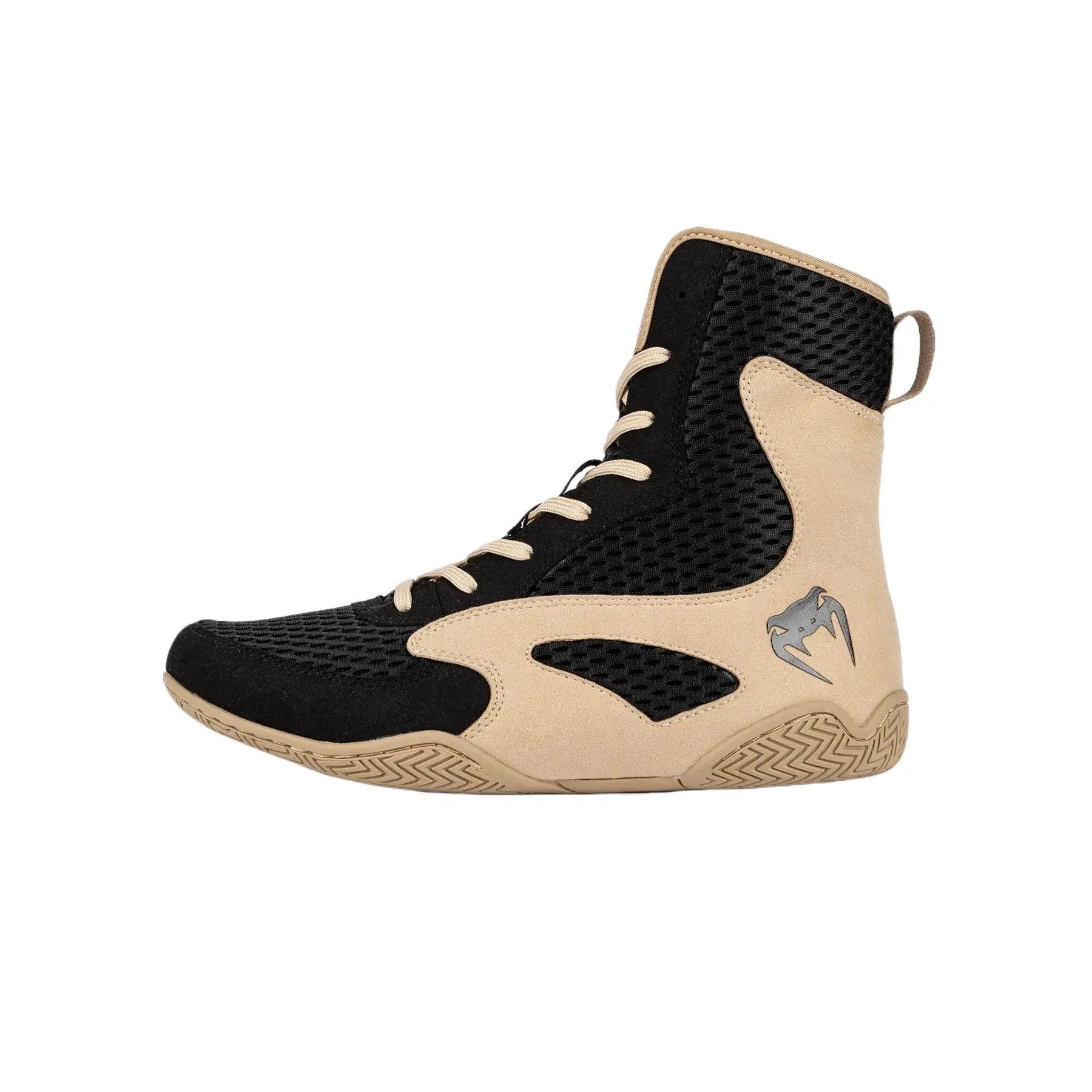 Venum Contender Mid-Cut Boxing Shoes, Lightweight Fighter Footwear with Breathable Mesh and High-Grip Sole for Training - Black/Sand, Outsole, Support