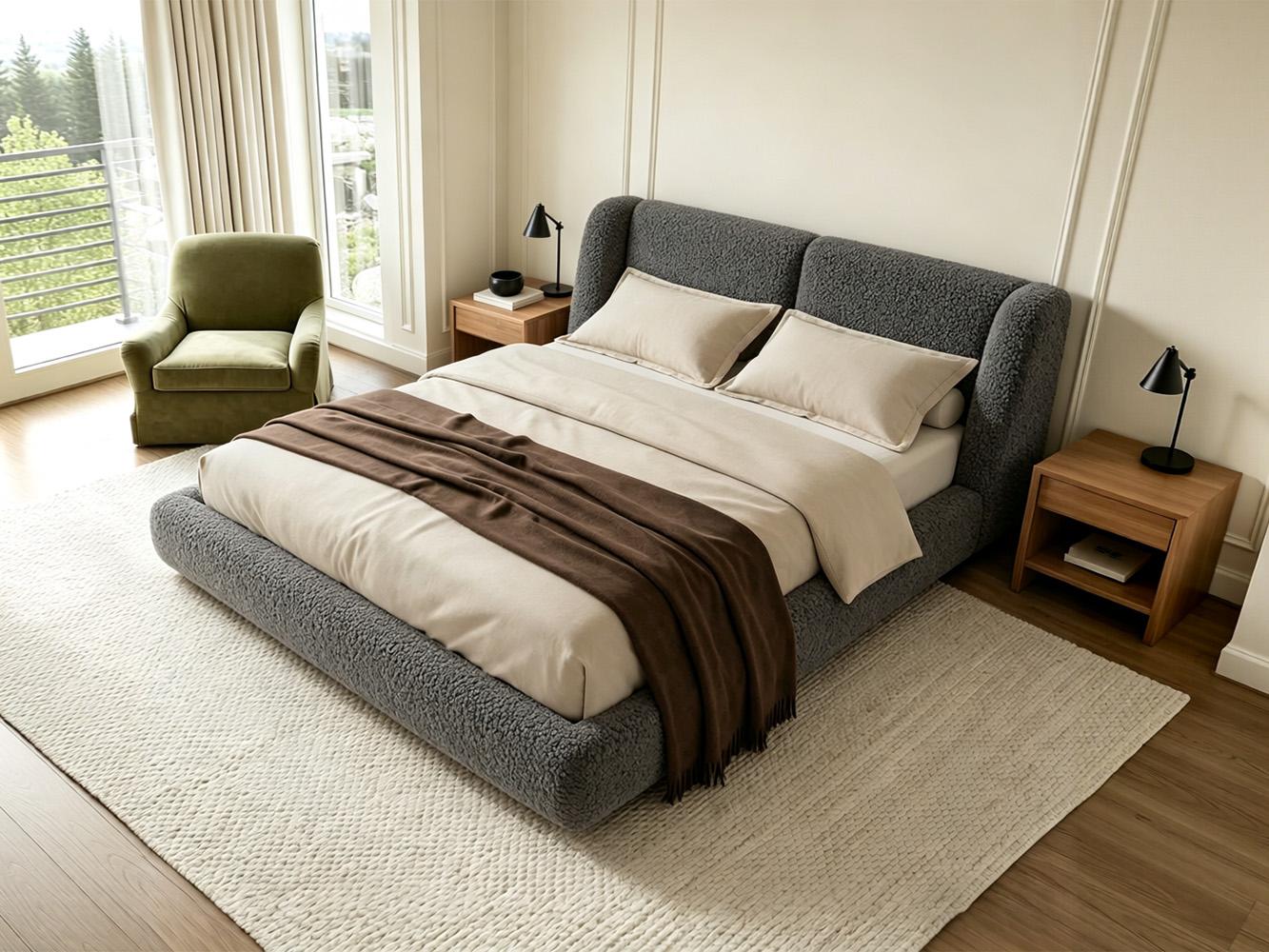 [15 Mins Assembly] Raybee Cloud Bed Frame with 5" Thick Ergonomic Wingback Headboard Soft Boucle Upholstered Low Profile Platform Bed, Bump-Resistant Rounded Corners, Anti-Slip Noise-Free, 880LBS Capacity for Bedroom, Dorms, Apartment, Beige, Black, Gray