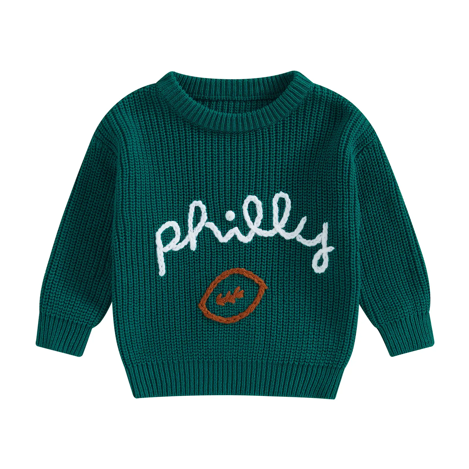 Newborn Baby Boy Girl Football Sweater Cable Knit Philly Eagles Embroidered Sweater Long Sleeve Chunky Knitwear Tops