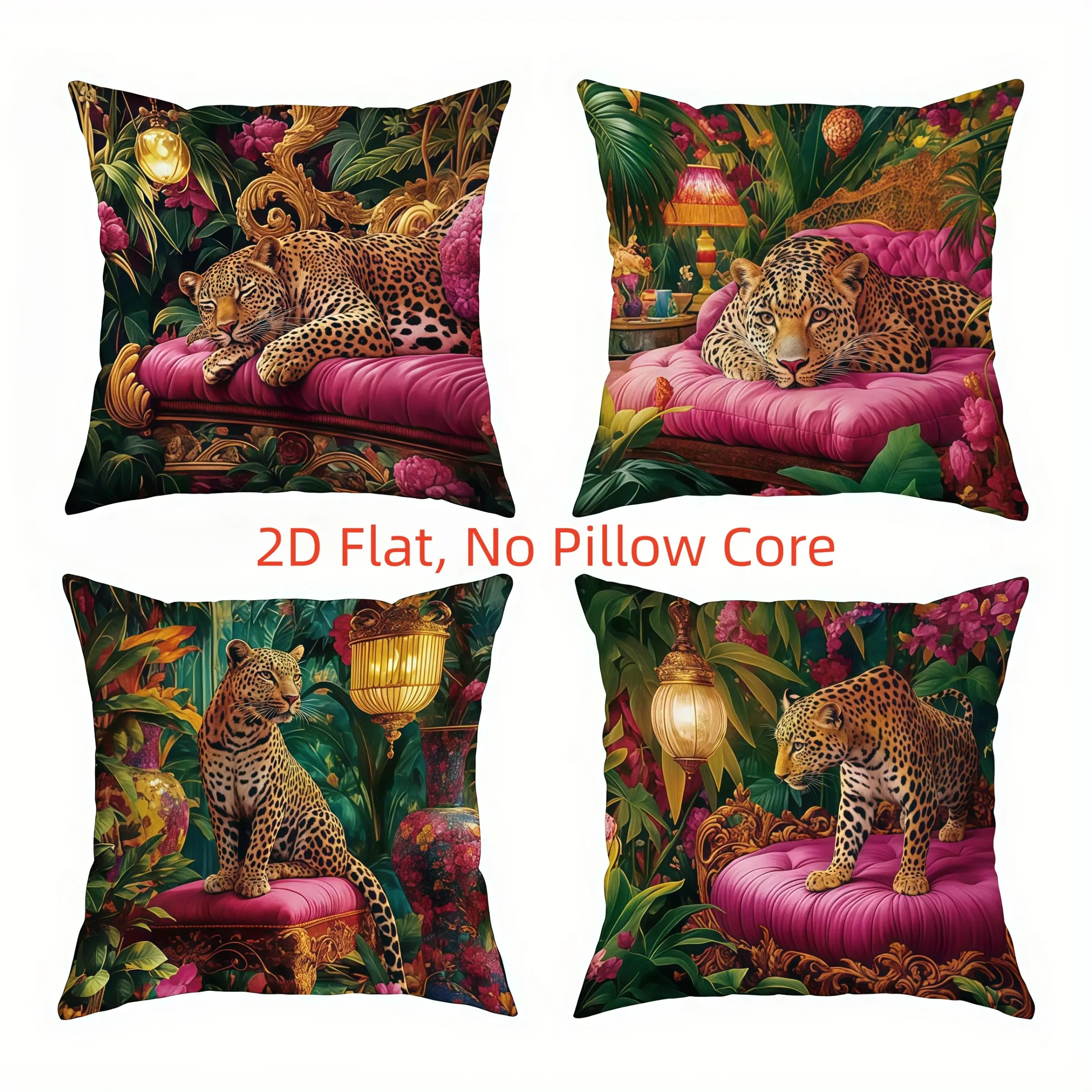 4pcs-Leopard Themed Throw Pillow Covers, Leopard and Tropical Plants Green Pattern, Suitable for Balcony, Garden, Patio Furniture, Tents, Swings, 2D Flat, Single Sided Printing, No Pillow Core