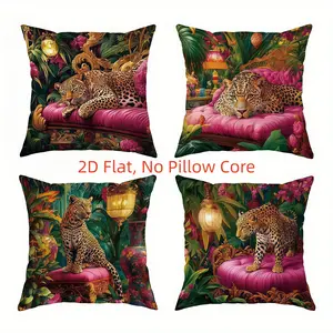 4pcs-Leopard Themed Throw Pillow Covers, Leopard and Tropical Plants Green Pattern, Suitable for Balcony, Garden, Patio Furniture, Tents, Swings, 2D Flat, Single Sided Printing, No Pillow Core