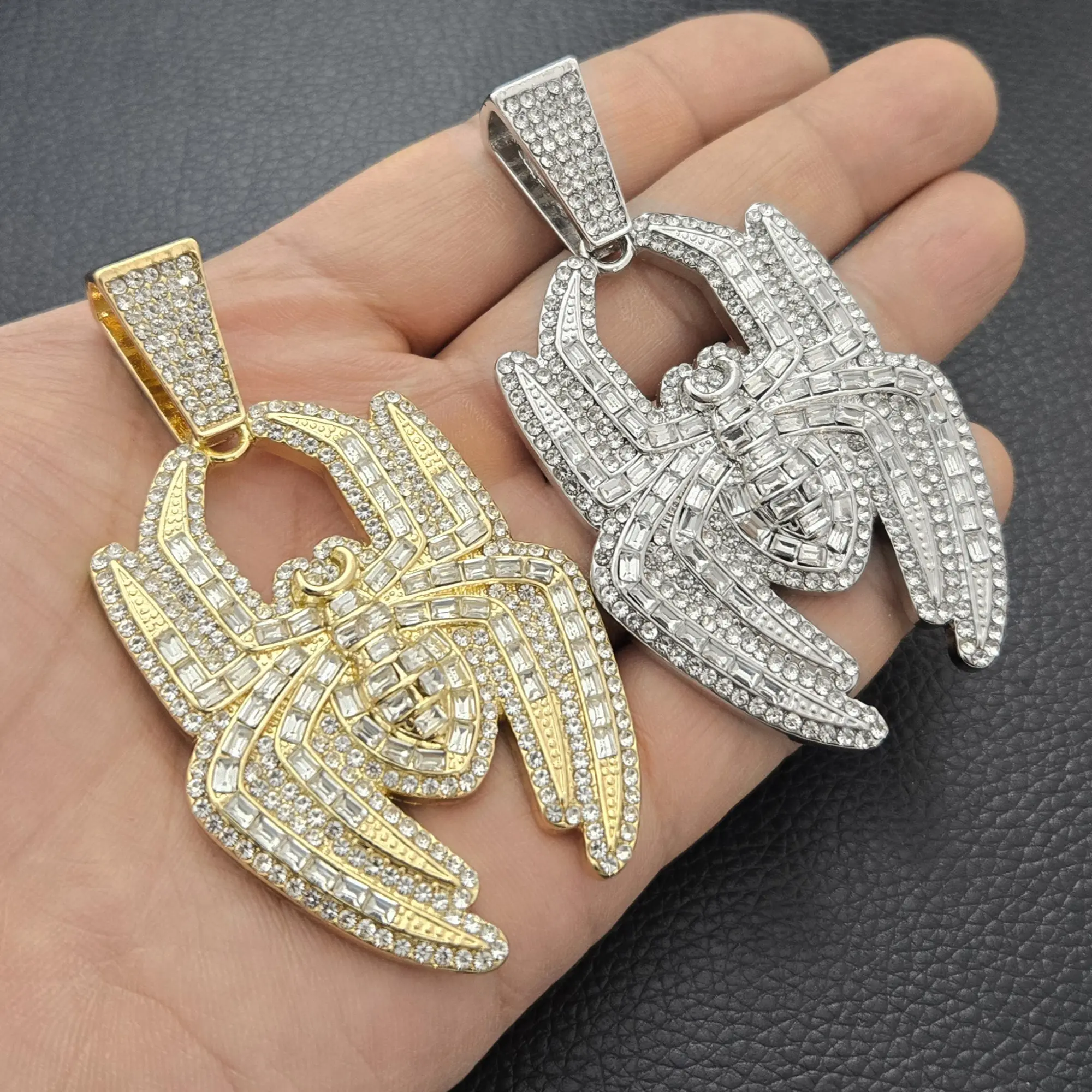 MaxBling81 Spider Pendant, Unisex Hip Hop Charm with Silver Plated Alloy Base and Baguette Cubic Zirconia, Fits 15mm Chain, Fashion Matching Necklace for Casual Daily Wear, No Warning Applicable, Celebrity, Large Pendant
