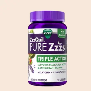 ZzzQuil PURE Zzzs Triple Action, Melatonin Gummies, Melatonin 6mg, 3X Melatonin, Sleep Aid with Ashwagandha, Calm Mood, Antioxidant Action, Sleep Aids for Adults, 60 Sleep Gummies
