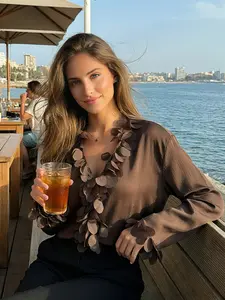 Women's V-Neck Long Sleeve Shirt, Elegant Loose-Fitting Design, High-Quality Fabric, Perfect for Spring & Summer