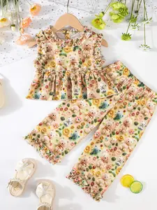 2pcs Girls Summer Set, Floral Print Set, Matching Outfits Set, Bear Hug Floral Sleeveless Top and Long Pants, Stylish No-Sleeve Two-Piece Set for Girls