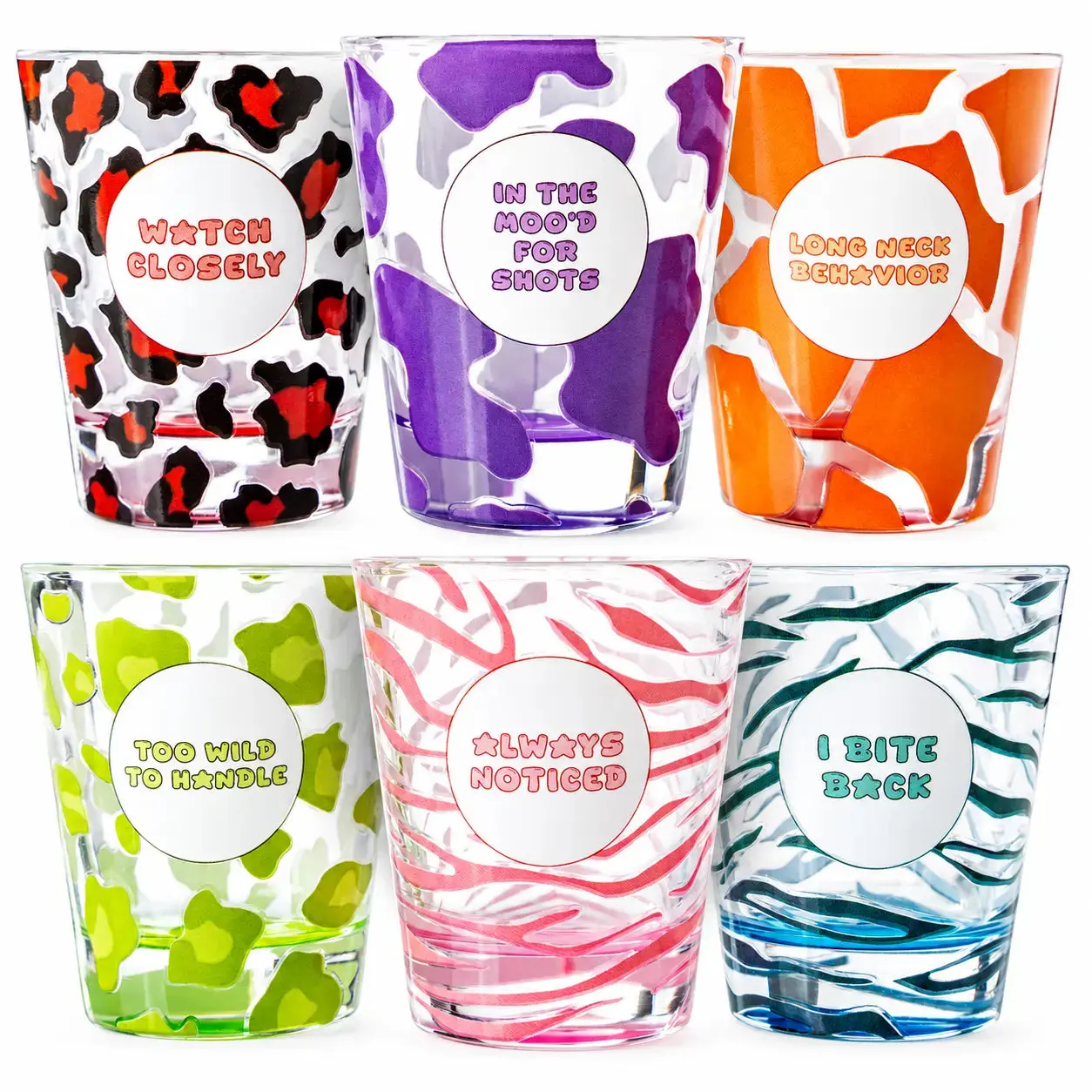 Sassy Shots Wild Collection Shot Glass Set (6 Unique Colored Designs)
