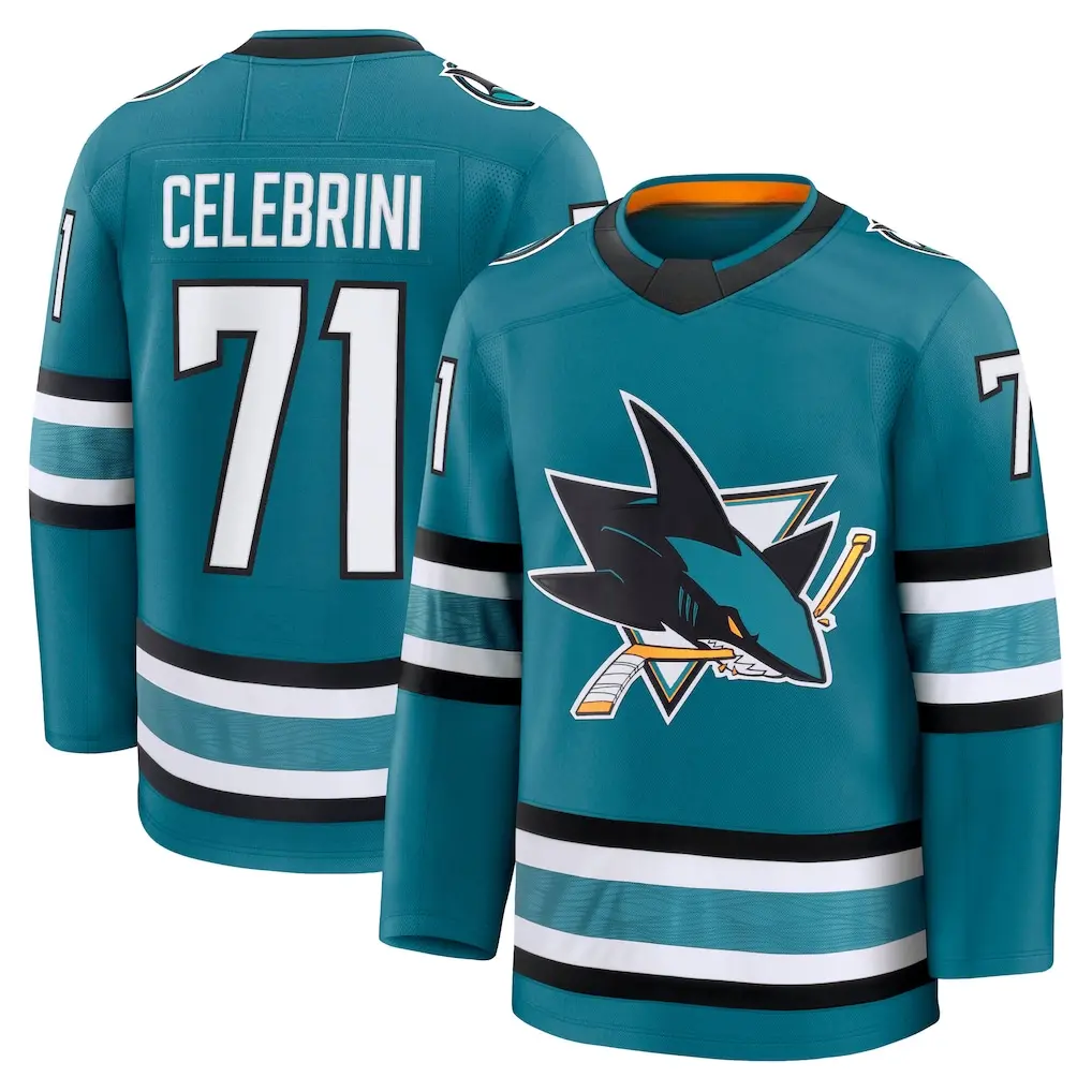 Retro Teal Ice Hockey Jersey Long Sleeve Streetwear Graphic Print Casual Sports Number 71 Ocean Shark Crest V-Neck Oversized Sweater Men Women Activewear Unisex Breathable Game Day Uniform