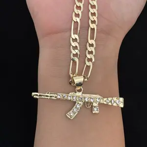 AK-47 Gun Necklace, 14k Gold Plated Necklace Cuerno de Chivo Joyeria Chapada En Oro 14k Cuban Link Chain