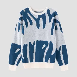 Men's Casual Knit Sweater - Stylish Geometric Pattern Abstract Design Long Sleeve Crew Neck Pullover Polyester Machine Washable Everyday Wear Menswear Chinos Knitwear Tops Crewneck Jeans White With Dark Blue sweater