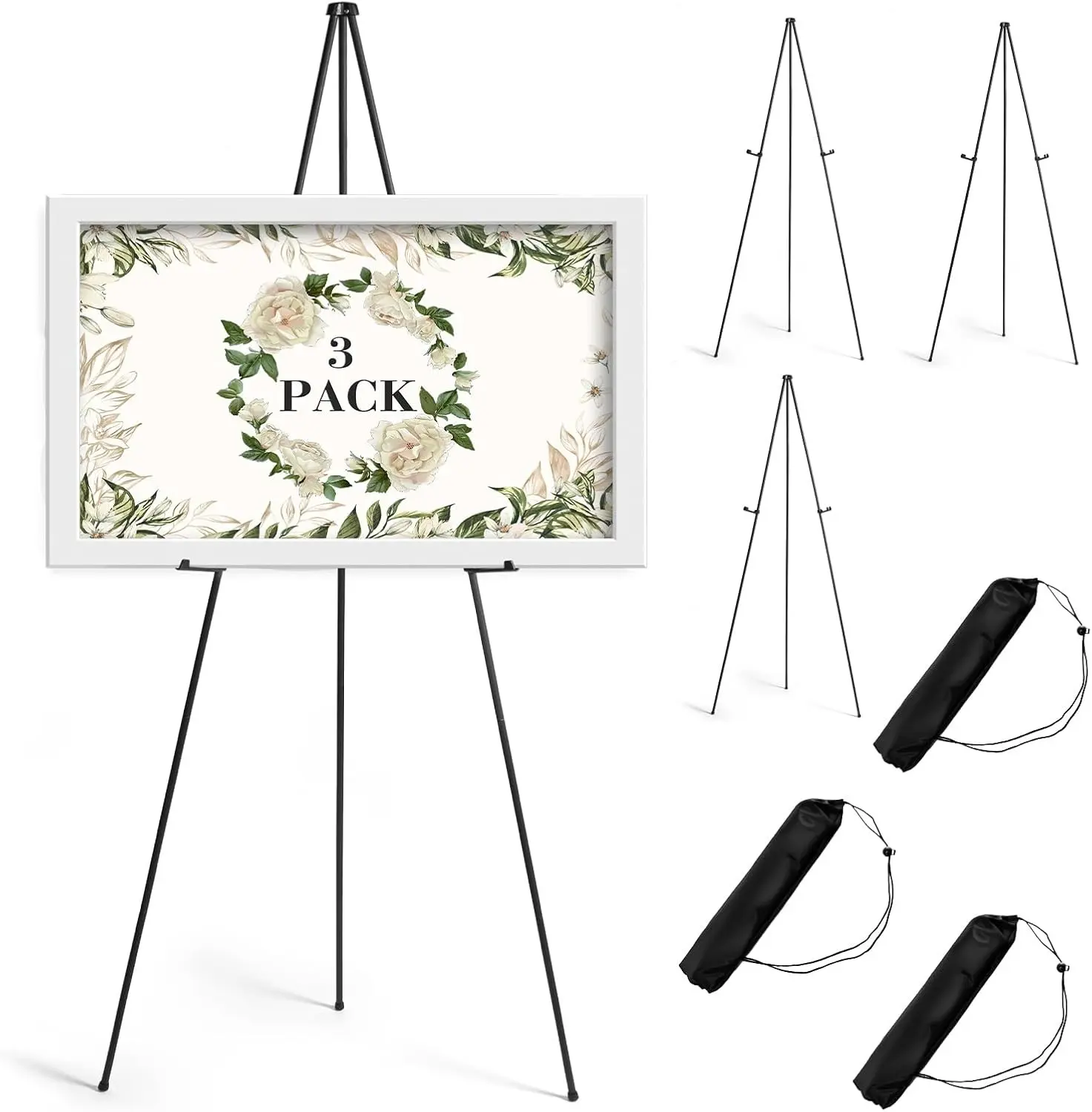 63" 3 Pack Portable Foldable Black Metal Adjustable Easel Stand, Poster Holder for Painting Display Wedding Arts Poster