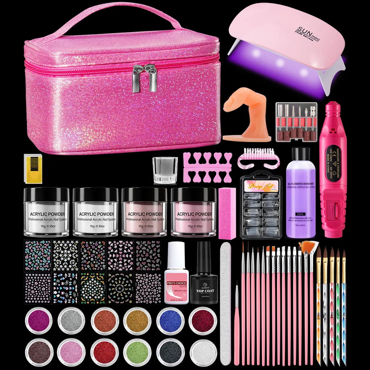 ROSIOUR Acrylic Nail Kit with UV Lamp & Electric Drill, Complete Nail Art Set with 4 Acrylic Powders, French Tips & Glitter, Portable Manicure Kit for Beginners, Nail Care, Compact