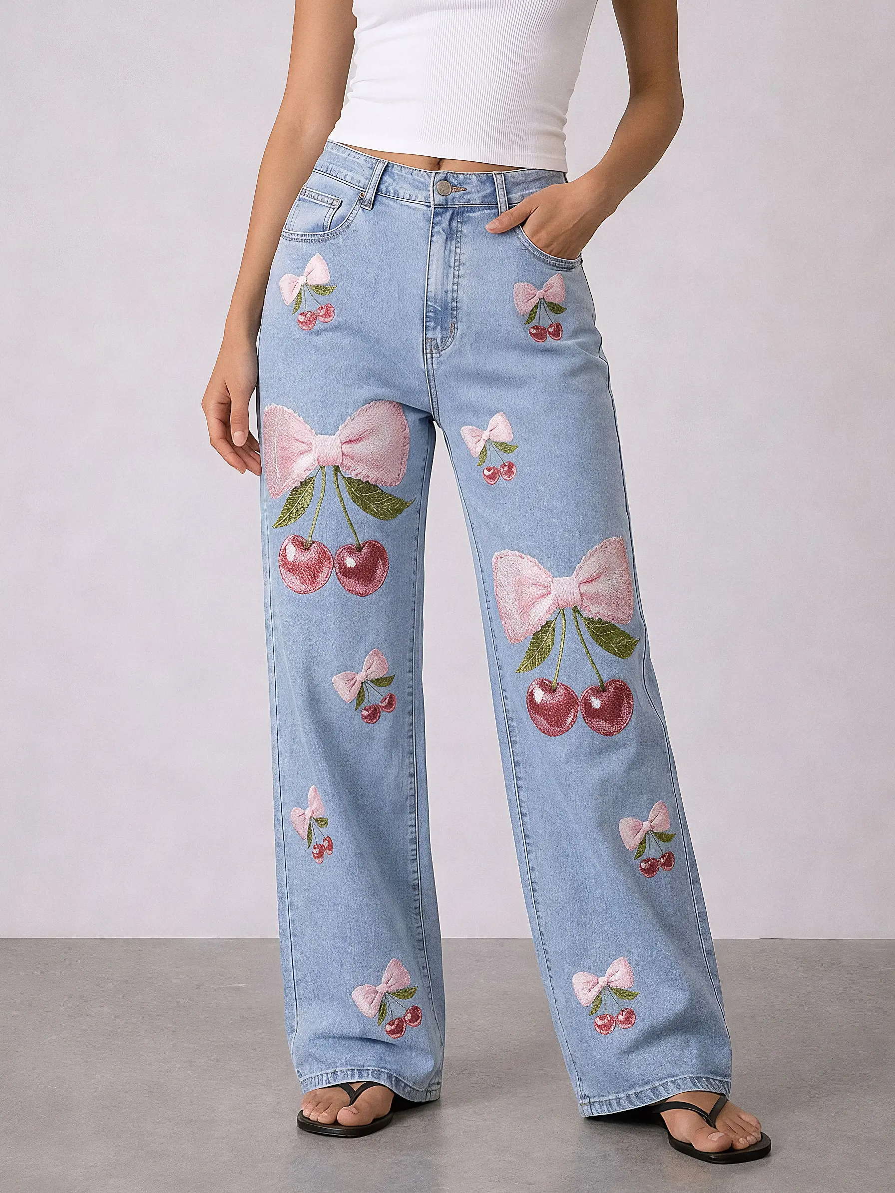 Cherry Bow Graphic Jeans Y2K Wide Leg High Waisted Denim Pants Cute Coquette Pink Ribbon Light/Dark Wash Baggy Jeans Women Soft Girl Outfit