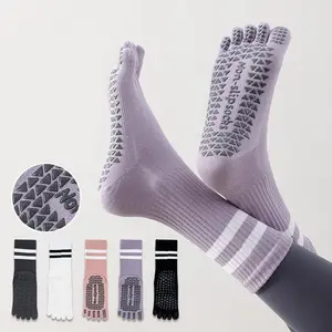 Yoga Socks for Women, Pilates Socks, Silicone Anti-Slip, Mid-Calf, Striped, Seamless, Sports Fitness Five-Toe Socks