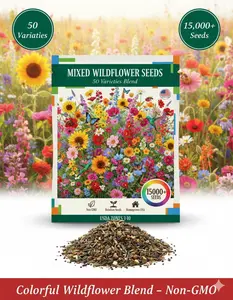 15000+ Wildflower Seeds Mix 50 Varieties Non-GMO Perennial Flower Seeds for Planting Outdoors Butterfly & Pollinator Flower Mix Attract Bees Birds & Hummingbirds All Perennial Wildflower Mixed Seeds for Planting,