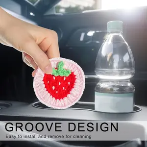 2pcs Handmade Crochet Strawberry Car Cup Mat, Cute Fabric Car Cup Holder Insert, Crochet Car Decoration