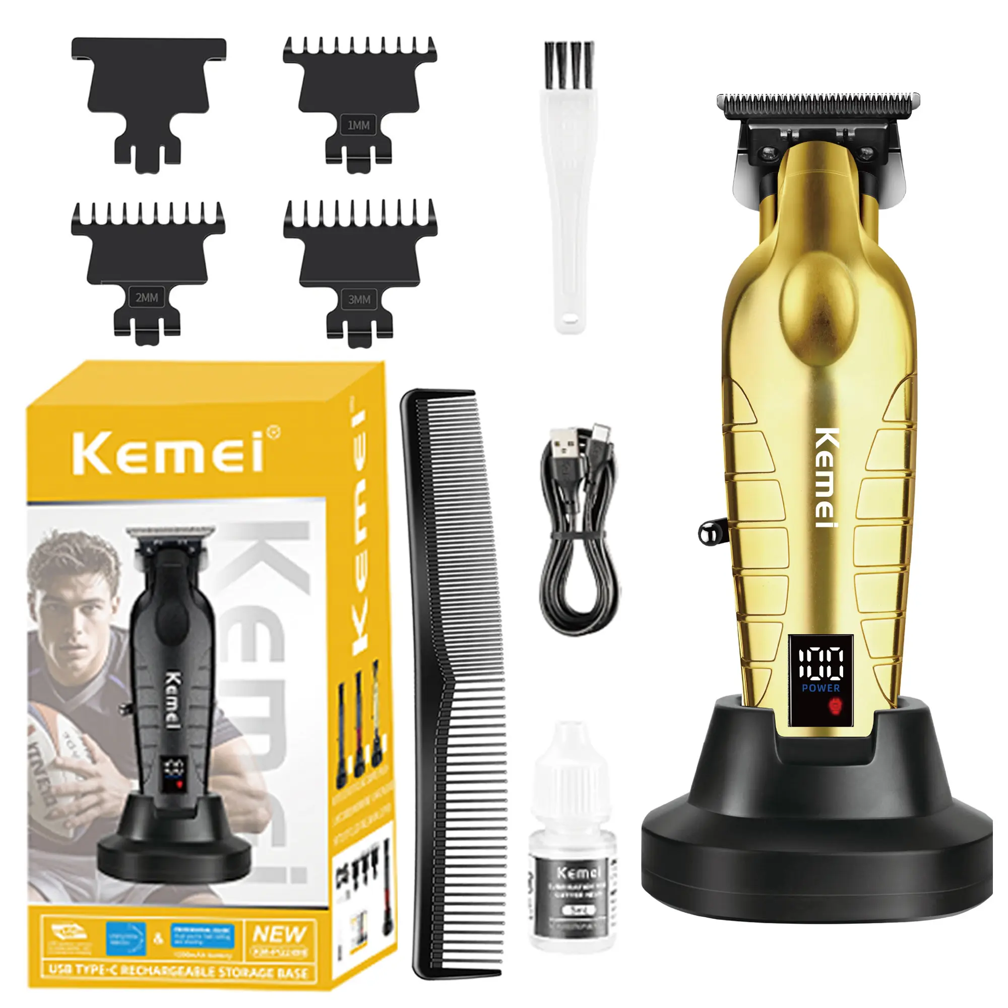 KEMEI Hair/Beard Trimmer for Men, Cordless Professional Hair Clippers for Hair Cutting with LED Display, T-Blade Barber Clippers with Charging Base, KM-PG2499 Gold