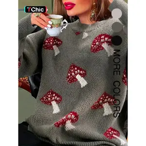 Women's Casual Mushroom Print Sweater Knitwear, Loose Fit Round Neck Knit Top, Comfortable Elegant Pullover for Fall & Winter