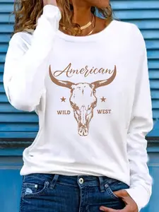 Women's Western Cow Skull & Star Print Long Sleeve Round Neck T-Shirt, With American Wild West Text,Casual Fashion Comfy Graphic Top, Comfortable Daily Wear, All Seasons, Womenswear